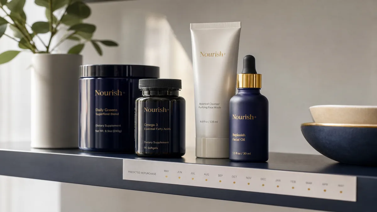 Household and beauty consumables on a kitchen counter with a calendar interval card and a paused reminder beside an active subscription badge